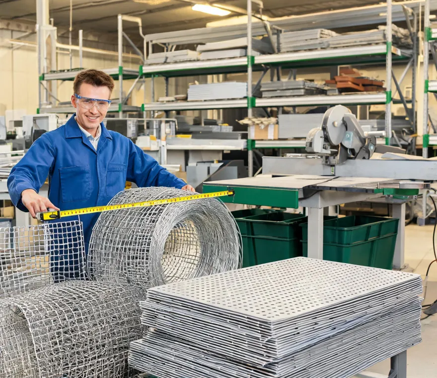 Wire mesh and perforated metal being cut to size